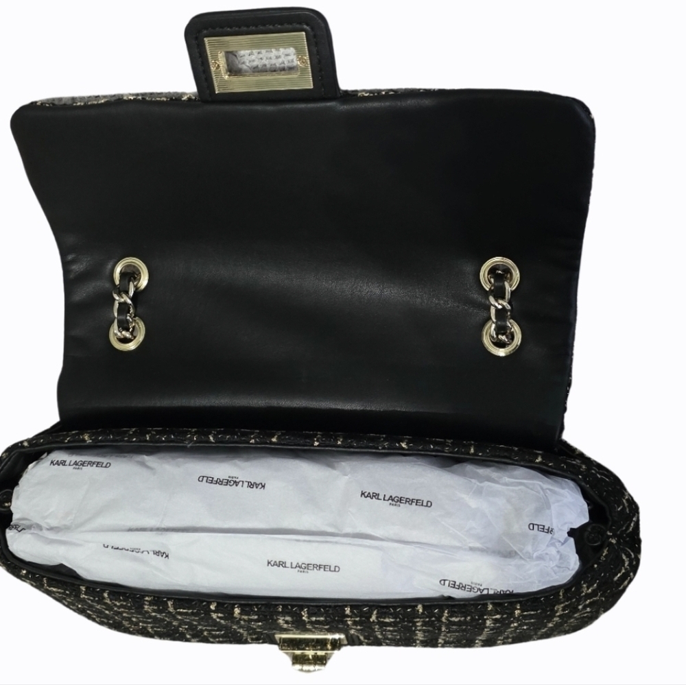 Karl Lagerfeld Tweed & Leather Bag w/ Adjustable Chain Strap NWT - Picture 6 of 9